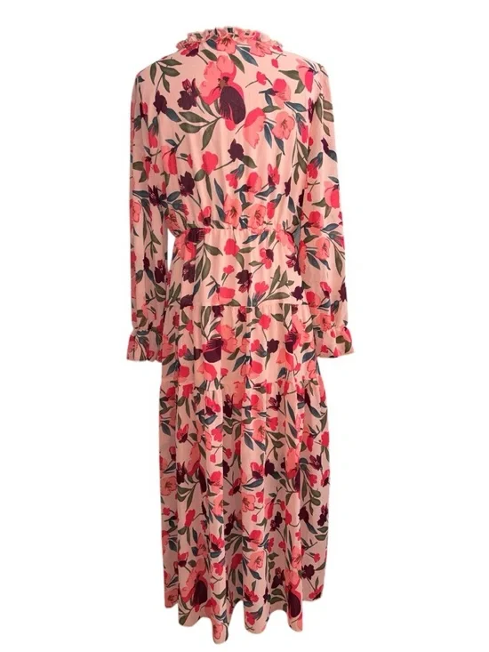 NWOT Floral Ruffle V-Neck Peach Maxi Dress, P2P:22”, L:53” - Picture 7 of 11